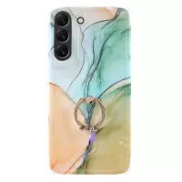 For Samsung Galaxy S22+ 5G Ring Holder Kickstand Hard PC + Soft TPU Hybrid Case Laser Marble IMD Air Cushion Drop Protection Phone Cover - CF5
