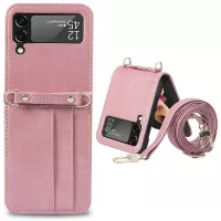 Card Slots Phone Cover for Samsung Galaxy Z Flip3 5G,  One-piece Design PU Leather + TPU Case with Long Lanyard - Pink