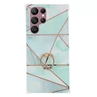 For Samsung Galaxy S22 Ultra 5G Marble Pattern Splicing Hard PC + Soft TPU IMD Phone Case Reinforced Corner Bumpers Electroplating Cover with Ring Kickstand - Style C
