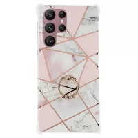 For Samsung Galaxy S22 Ultra 5G Marble Pattern Splicing Hard PC + Soft TPU IMD Phone Case Reinforced Corner Bumpers Electroplating Cover with Ring Kickstand - Style D