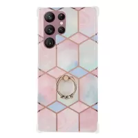 For Samsung Galaxy S22 Ultra 5G Marble Pattern Splicing Hard PC + Soft TPU IMD Phone Case Reinforced Corner Bumpers Electroplating Cover with Ring Kickstand - Style E