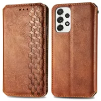 For Samsung Galaxy A53 5G Rhombus Imprinted Leather Phone Case Magnetic Auto Closing Book Stand Wallet Cover - Brown