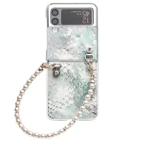 QIALINO for Samsung Galaxy Z Flip3 5G Folding Phone Case Pattern Printed Genuine Leather Coated PC Cover with Pearl Bracelet - Blue