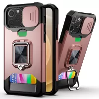 Built-in Magnetic Metal Sheet Design Hybrid Phone Case Camera Slider Cover Shell with Card Holder for iPhone 12 6.1 inch/12 Pro 6.1 inch - Rose Gold