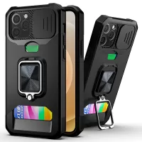 Built-in Magnetic Metal Sheet Design Hybrid Phone Case Camera Slider Cover Shell with Card Holder for iPhone 12 6.1 inch/12 Pro 6.1 inch - Black