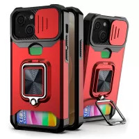 Lens Cover Design Hybrid Phone Case Camera Slider Cover Shell with Card Holder for iPhone 13 mini 5.4 inch - Red