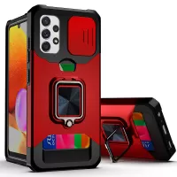 Scratch-Resistant Hybrid Phone Case Cover Card Holder Shell with Camera Slider and Built-in Magnetic Metal Sheet for Samsung Galaxy A32 4G (EU Version) - Red