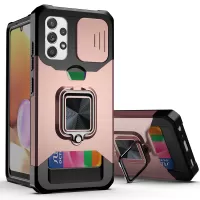 Scratch-Resistant Hybrid Phone Case Cover Card Holder Shell with Camera Slider and Built-in Magnetic Metal Sheet for Samsung Galaxy A32 4G (EU Version) - Rose Gold