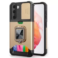 Back Card Holder + Built-in Metal Sheet Hybrid Phone Case Cover Shell with Camera Slider for Samsung Galaxy S21+ 5G - Gold