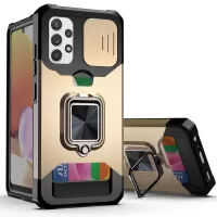Scratch-Resistant Hybrid Phone Case Cover Card Holder Shell with Camera Slider and Built-in Magnetic Metal Sheet for Samsung Galaxy A32 4G (EU Version) - Gold