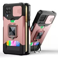 Back Card Holder + Built-in Metal Sheet + Camera Slider Design Anti-Fall Hybrid Phone Case Cover Shell for Samsung Galaxy A12 - Rose Gold