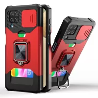 Back Card Holder + Built-in Metal Sheet + Camera Slider Design Anti-Fall Hybrid Phone Case Cover Shell for Samsung Galaxy A12 - Red