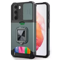 Back Card Holder + Built-in Metal Sheet Hybrid Phone Case Cover Shell with Camera Slider for Samsung Galaxy S21+ 5G - Blackish Green