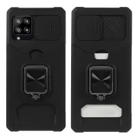 Card Slot Design Hard PC + Soft TPU Armor Case with Slide Camera Cover and Ring Kickstand for Samsung Galaxy A42 5G - Black