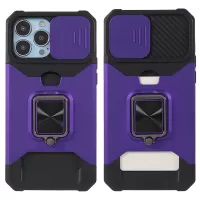 Card Holder Design Hybrid Phone Case Cover Shell with Magnetic Metal Sheet and Removable Lens Shield for iPhone 13 Pro Max 6.7 inch - Purple