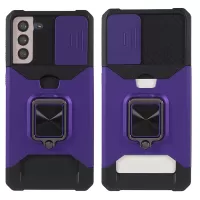 Back Card Holder + Built-in Metal Sheet Hybrid Phone Case Cover Shell with Camera Slider for Samsung Galaxy S21+ 5G - Purple