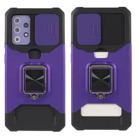 All-Inclusive Hybrid Phone Case Cover Shell with Camera Slider + Back Card Holder + Built-in Metal Sheet for Samsung Galaxy A52 4G/5G/A52s 5G - Purple