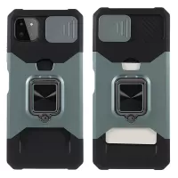 Camera Slider Ring Kickstand Design Hybrid Phone Case Shell with Card Holder for Samsung Galaxy A22 5G (EU Version) - Blackish Green