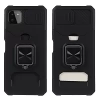 Camera Slider Ring Kickstand Design Hybrid Phone Case Shell with Card Holder for Samsung Galaxy A22 5G (EU Version) - Black