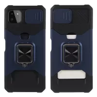 Camera Slider Ring Kickstand Design Hybrid Phone Case Shell with Card Holder for Samsung Galaxy A22 5G (EU Version) - Navy Blue