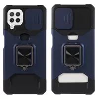 2 in 1 Camera Slider Design Hybrid Phone Case Cover with Kickstand and Card Holder for Samsung Galaxy A22 4G (EU Version) - Navy Blue