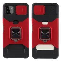 Camera Slider Ring Kickstand Design Hybrid Phone Case Shell with Card Holder for Samsung Galaxy A22 5G (EU Version) - Red