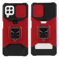 2 in 1 Camera Slider Design Hybrid Phone Case Cover with Kickstand and Card Holder for Samsung Galaxy A22 4G (EU Version) - Red