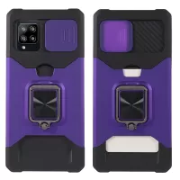 Card Slot Design Hard PC + Soft TPU Armor Case with Slide Camera Cover and Ring Kickstand for Samsung Galaxy A42 5G - Purple