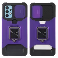 Scratch-Resistant Hybrid Phone Case Cover Card Holder Shell with Camera Slider and Built-in Magnetic Metal Sheet for Samsung Galaxy A32 4G (EU Version) - Purple