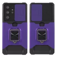 Drop-Proof Hybrid Phone Case Camera Slider Cover Shell with Card Holder for Samsung Galaxy S21 Ultra 5G - Purple