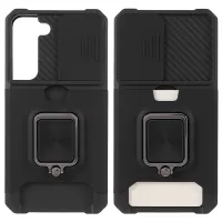 PC + TPU Phone Case with Card Holder and Kickstand + Built-in Magnetic Metal Plate + Camera Slider Drop-Resistant Phone Cover for Samsung Galaxy S22 5G - Black