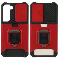 PC + TPU Phone Case with Card Holder and Kickstand + Built-in Magnetic Metal Plate + Camera Slider Drop-Resistant Phone Cover for Samsung Galaxy S22 5G - Red
