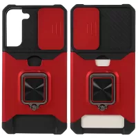 PC + TPU Phone Case 2-in-1 Design Card Holder and Camera Slider with Built-in Magnetic Metal Plate + Kickstand for Samsung Galaxy S22+ 5G - Red