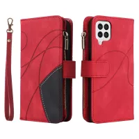 KT Multi-function Series-5 For Samsung Galaxy A12 4G/5G PU Leather Wallet Phone Case Imprinted Curved Line Pattern Bi-color Stand Phone Covering - Red