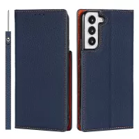 For Samsung Galaxy S22+ 5G Shockproof Genuine Leather Case Litchi Texture Wallet Stand Phone Shell with Hand Strap - Dark Blue