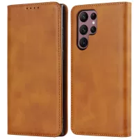 Textured PU Leather Case for Samsung Galaxy S22 Ultra 5G, Stand Wallet Design Auto Closing Magnetic Phone Cover - Light Brown