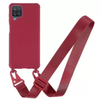 Flexible Matte Surface TPU Phone Cover for Samsung Galaxy A12, Fall-Proof Back Case + Wide Strap - Red