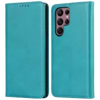 Textured PU Leather Case for Samsung Galaxy S22 Ultra 5G, Stand Wallet Design Auto Closing Magnetic Phone Cover - Sky Blue