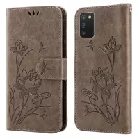 For Samsung Galaxy A03s (166.5 x 75.98 x 9.14mm) Imprinted Lotus PU Leather Drop-proof Case Wallet Stand Full Protection Shell with Strap - Grey
