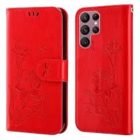 For Samsung Galaxy S22 Ultra 5G PU Leather Imprinted Lotus Wallet Case Stand Double-sided Magnetic Clasp Phone Cover with Strap - Red
