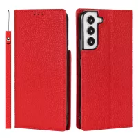For Samsung Galaxy S22+ 5G Shockproof Genuine Leather Case Litchi Texture Wallet Stand Phone Shell with Hand Strap - Red