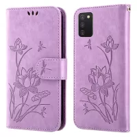 For Samsung Galaxy A03s (166.5 x 75.98 x 9.14mm) Imprinted Lotus PU Leather Drop-proof Case Wallet Stand Full Protection Shell with Strap - Purple