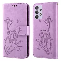 For Samsung Galaxy A32 5G Anti-fall Imprinted Lotus Case PU Leather Wallet Stand Phone Cover with Strap - Purple