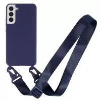 For Samsung Galaxy S22 5G Soft Frosted Surface TPU Phone Cover with Wide Strap Anti-Drop Back Case - Dark Blue