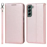 For Samsung Galaxy S22+ 5G PU Leather Silk Texture Phone Case Stand Flip Folio Wallet Cover with Wrist Strap - Rose Gold