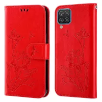 For Samsung Galaxy A12 Imprinted Lotus Well-protected PU Leather Wallet Anti-fall Stand Phone Cover with Strap - Red