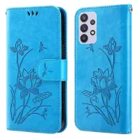 For Samsung Galaxy A32 5G Anti-fall Imprinted Lotus Case PU Leather Wallet Stand Phone Cover with Strap - Blue