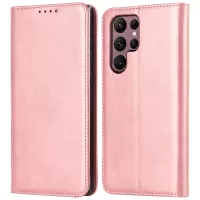 Textured PU Leather Case for Samsung Galaxy S22 Ultra 5G, Stand Wallet Design Auto Closing Magnetic Phone Cover - Rose Gold