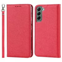 For Samsung Galaxy S22+ 5G PU Leather Silk Texture Phone Case Stand Flip Folio Wallet Cover with Wrist Strap - Red