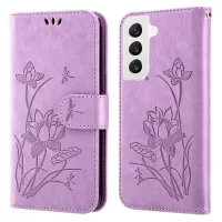 For Samsung Galaxy S22+ 5G Imprinted Lotus PU Leather Shockproof Wallet Case Adjustable Stand Cell Phone Cover with Strap - Purple
